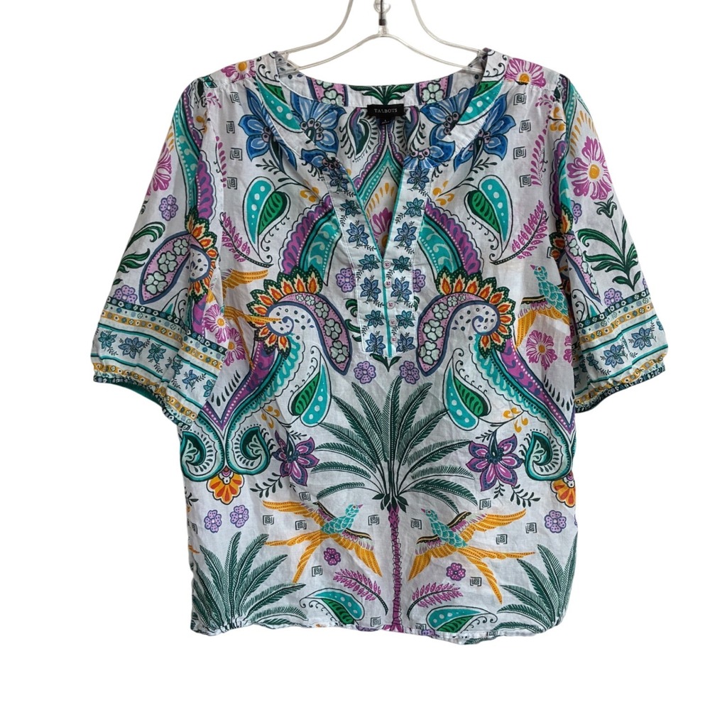 Talbots Womens Large 100% Cotton Tropical Paisley Palm Tree Split Neck Blouse